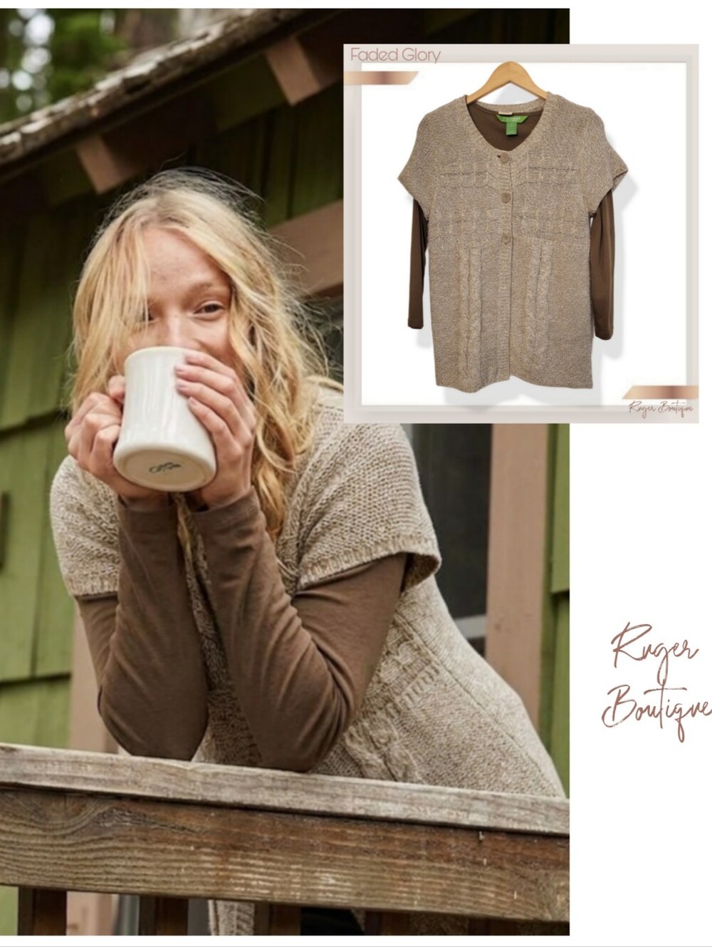 🌿Faded Glory Size M Tan Cable Knit Cardigan Sweater Layered 2-Piece Set